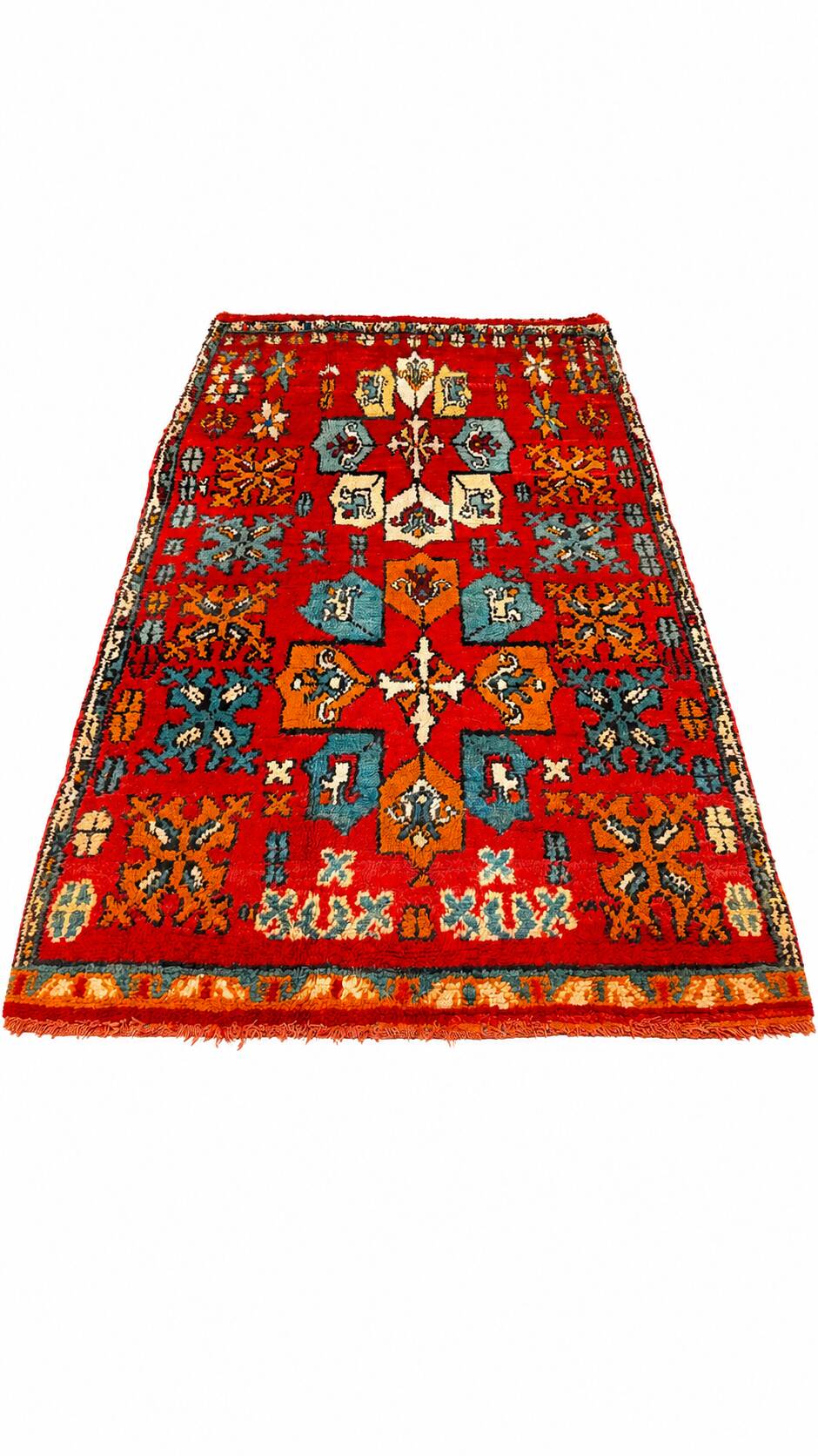 Vintage red Berber rug with multicoloured patterns - 145 x 300 cm
