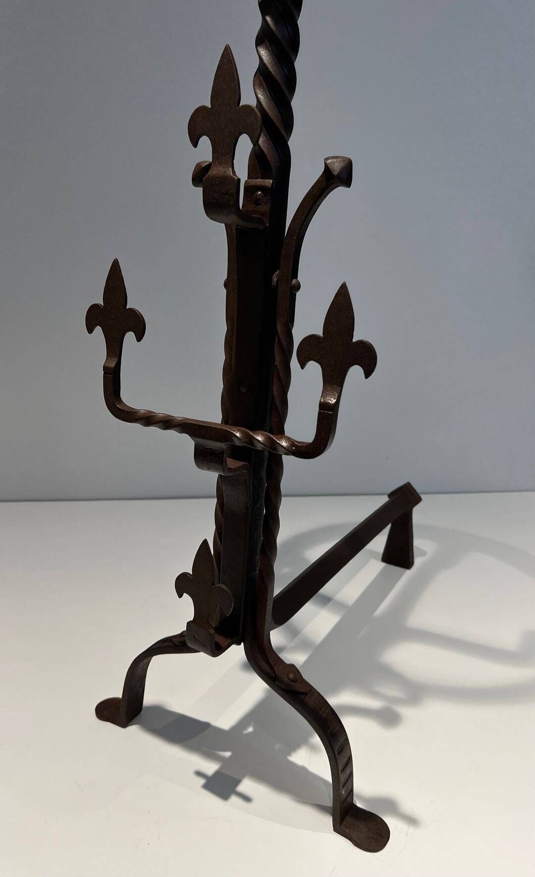 Important Pair of Gothic Wrought Iron Andirons with Fleur-de-Lis