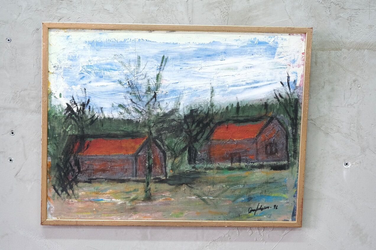 Scandinavian modern painting, signed,  1990s, oil on canvas, framed