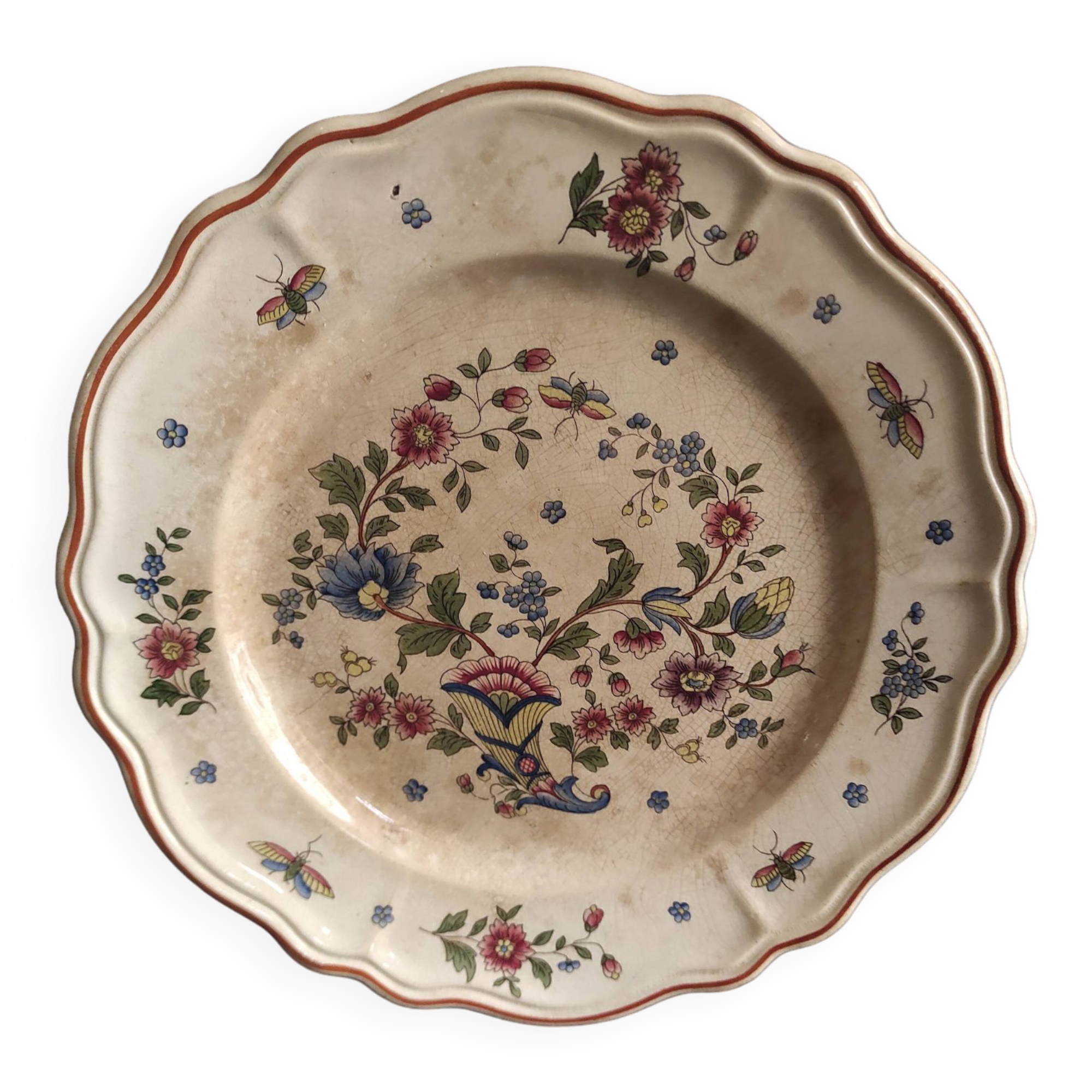 Vintage French round serving plate faience de Rouen, representing a horn of plenty