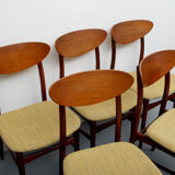 Set of 5 chairs in teak, yellow fabric