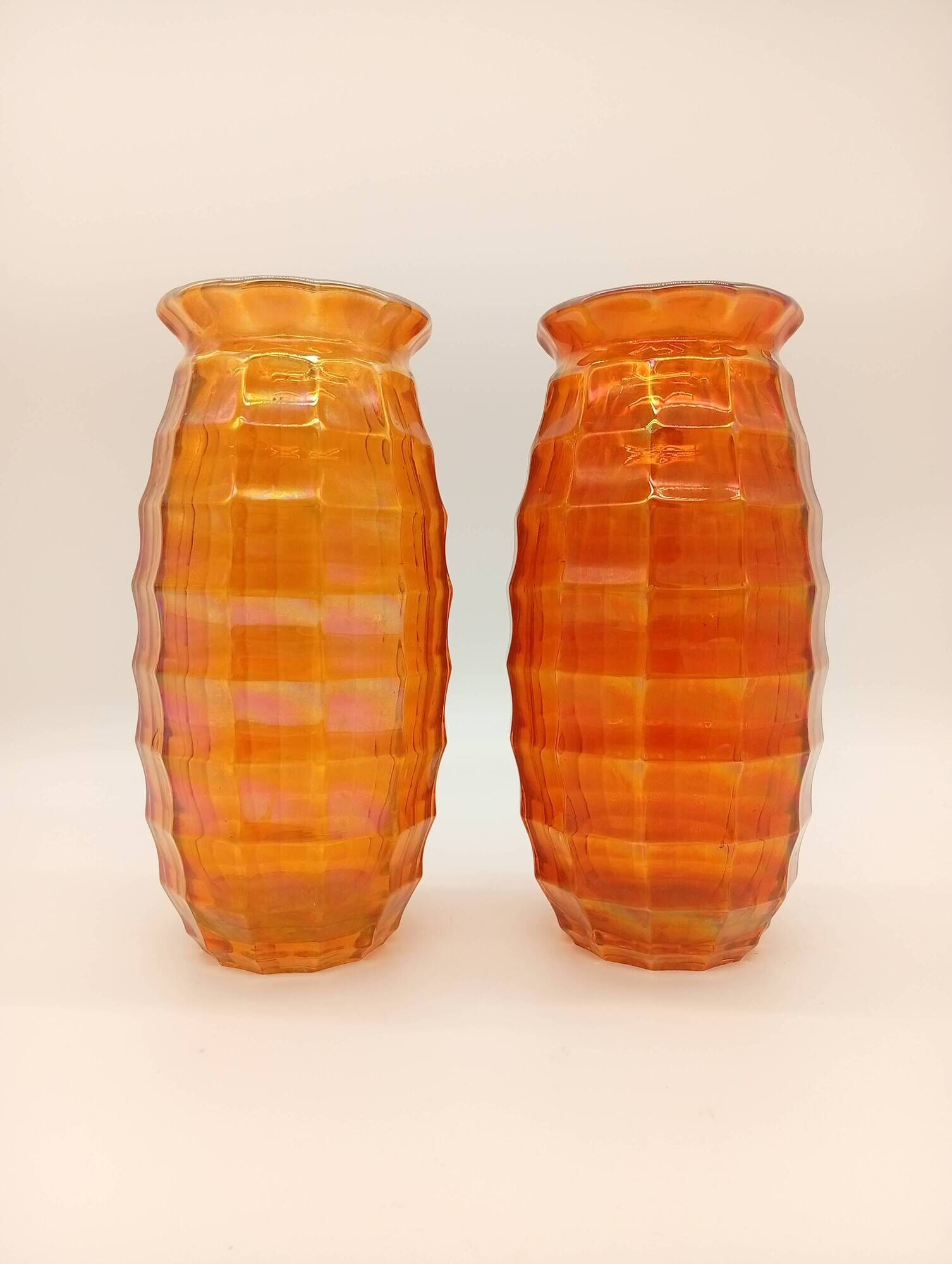 Paire Vases Art Déco Josef Invald Carnival Marigold Orange Irisé Jacobean