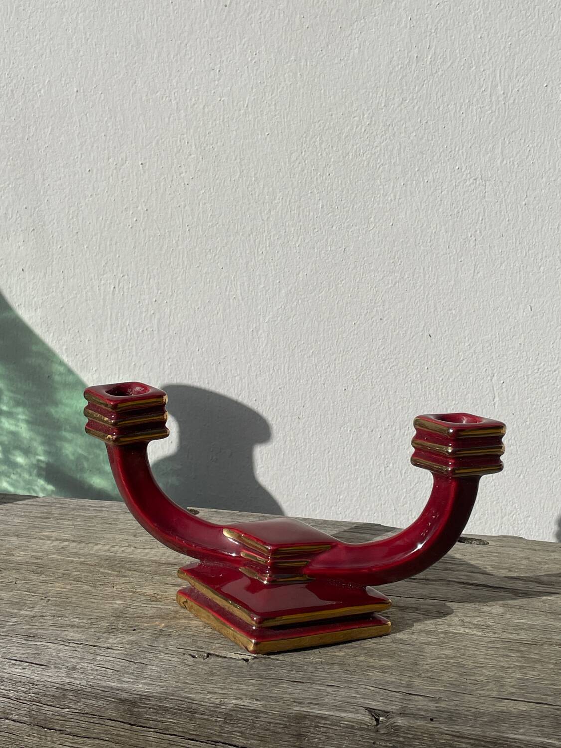 Art Deco burgundy red ceramic candlestick