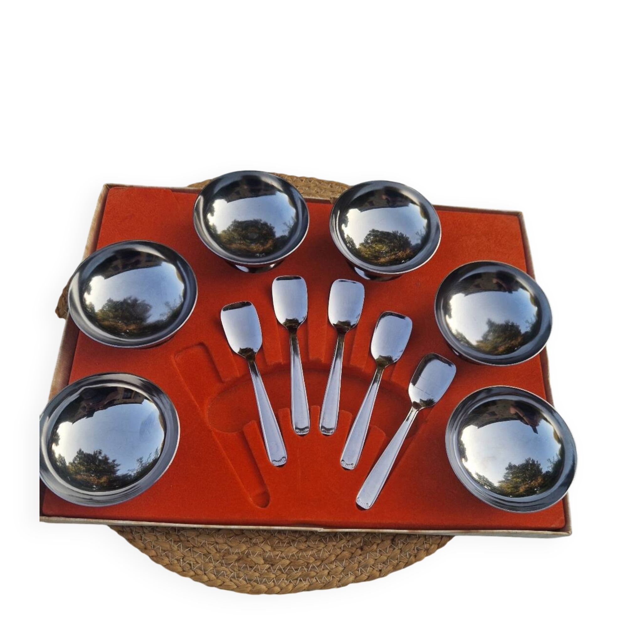 Lot de 6 bols à dessert vintage en acier inoxydable avec 5 cuillères