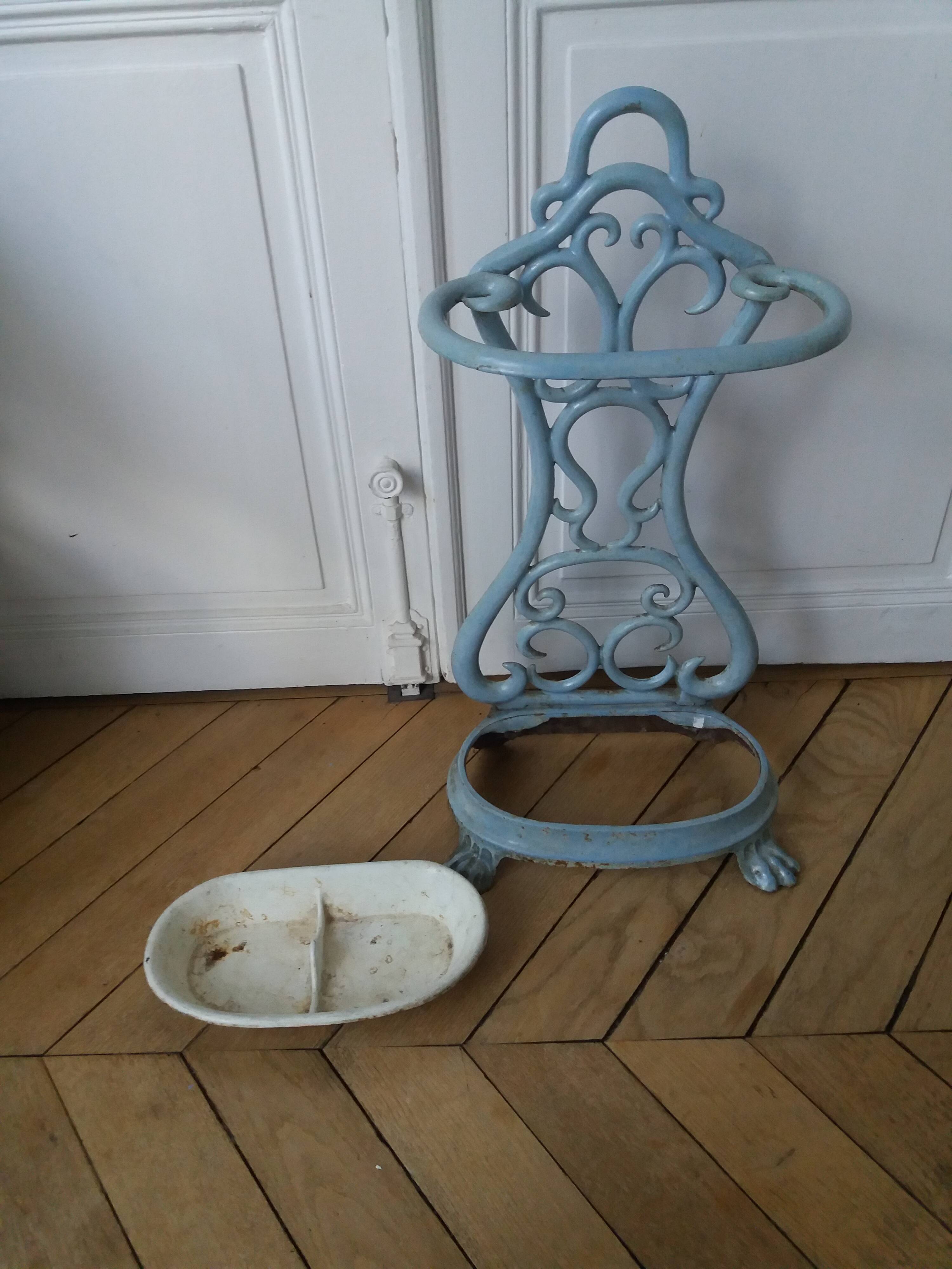 ANTIQUE ENAMELLED BLUE CAST IRON UMBRELLA STAND ART NOUVEAU STYLE