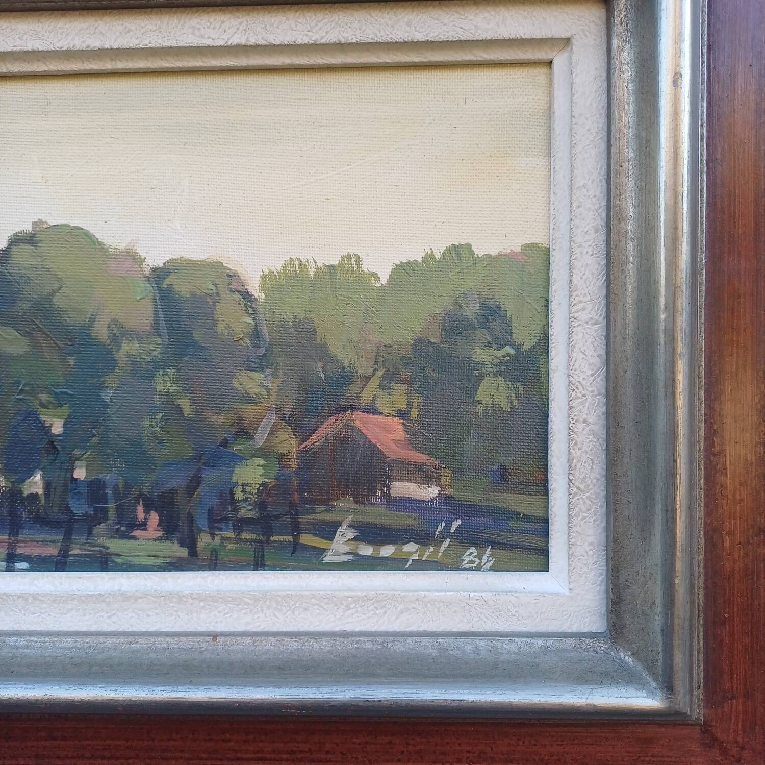 Oil painting on canvas Swiss Chalet Farm signed Boegli