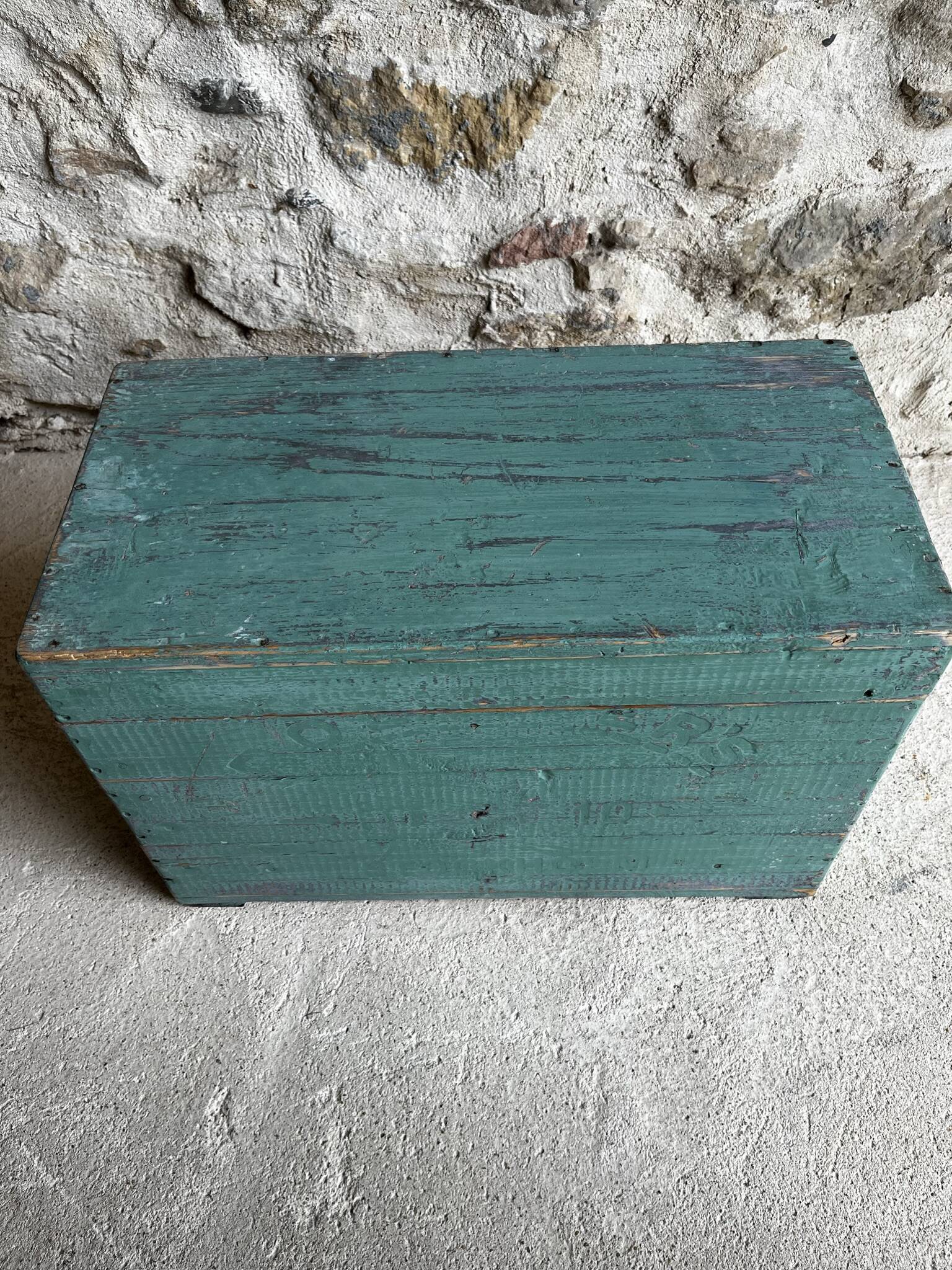 Patinated green wooden chest