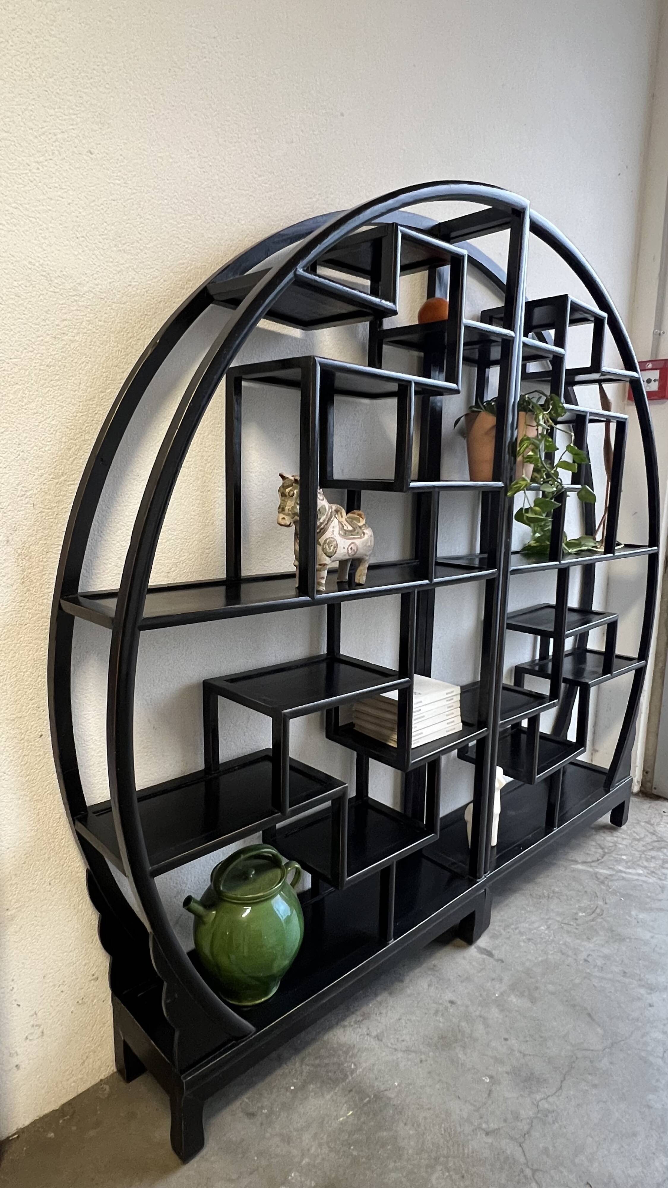 Vintage Black Circular Asian-Inspired Shelf Étagère, 2 parts