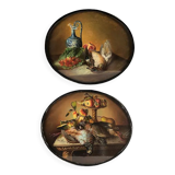 Pair of oval-shaped pastels, still lifes with game, XIXth