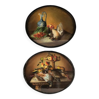 Pair of oval-shaped pastels, still lifes with game, XIXth