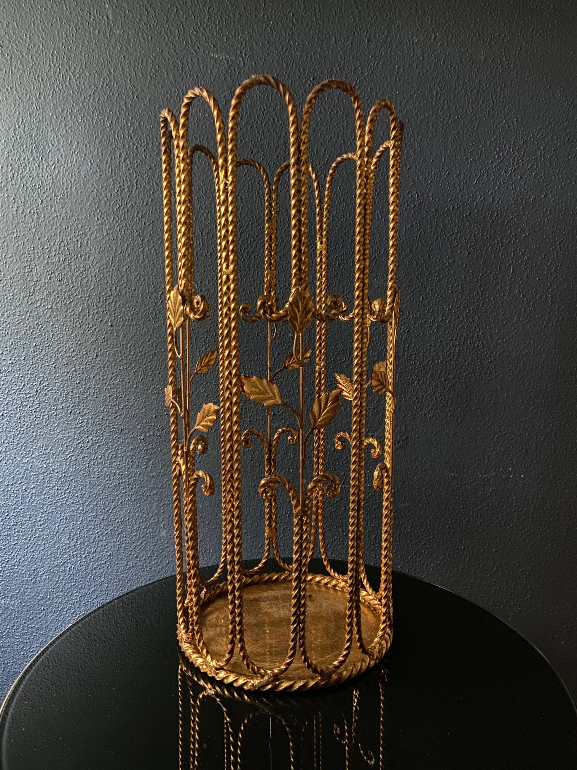 1960s brass rope umbrella stand with leaves