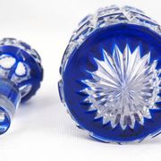 Baccarat, cut crystal bottle, blue lined, diamond gemstones, 14.8 cm.