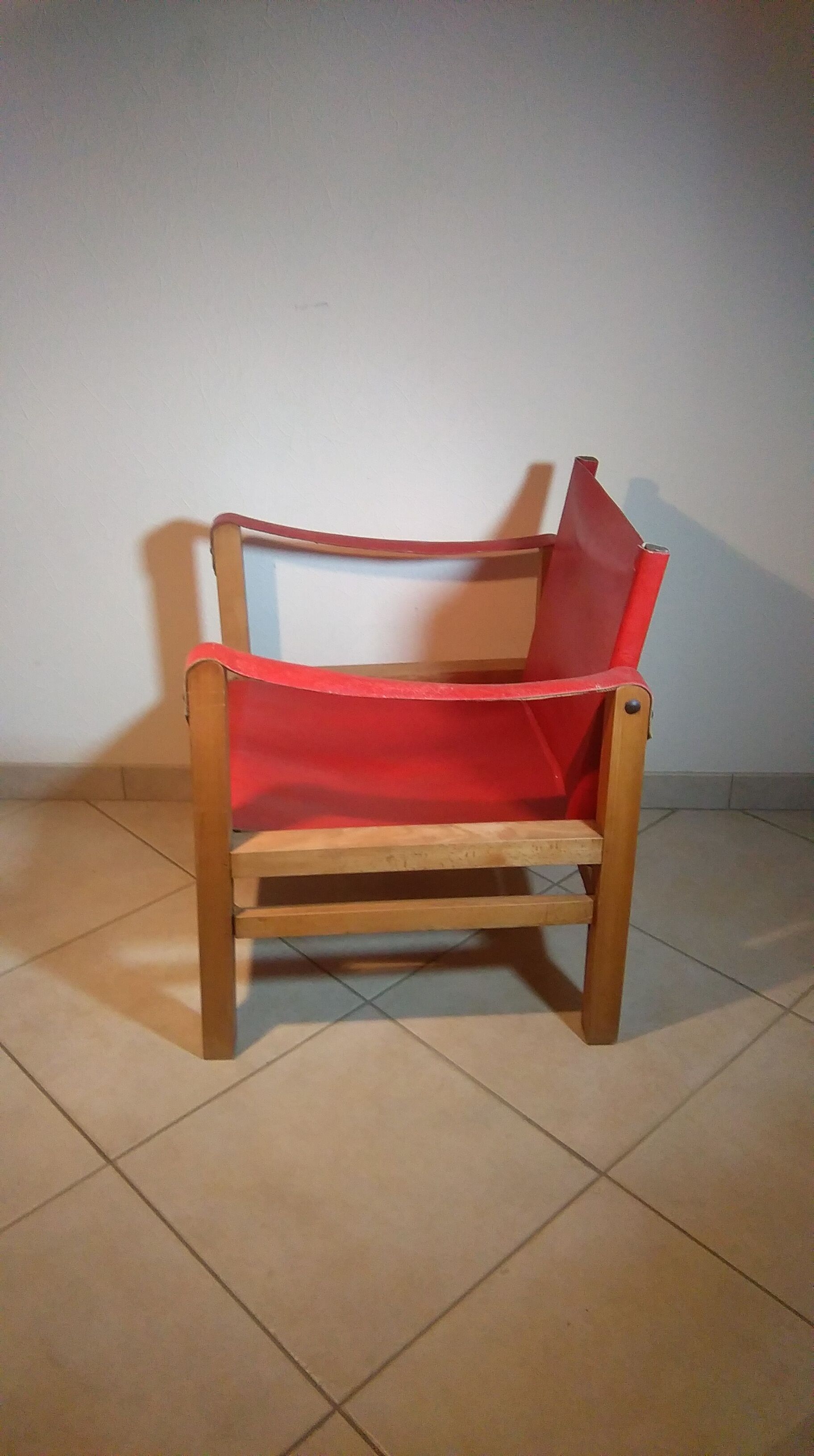 Wood and red leather armchair 60