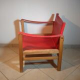 Wood and red leather armchair 60