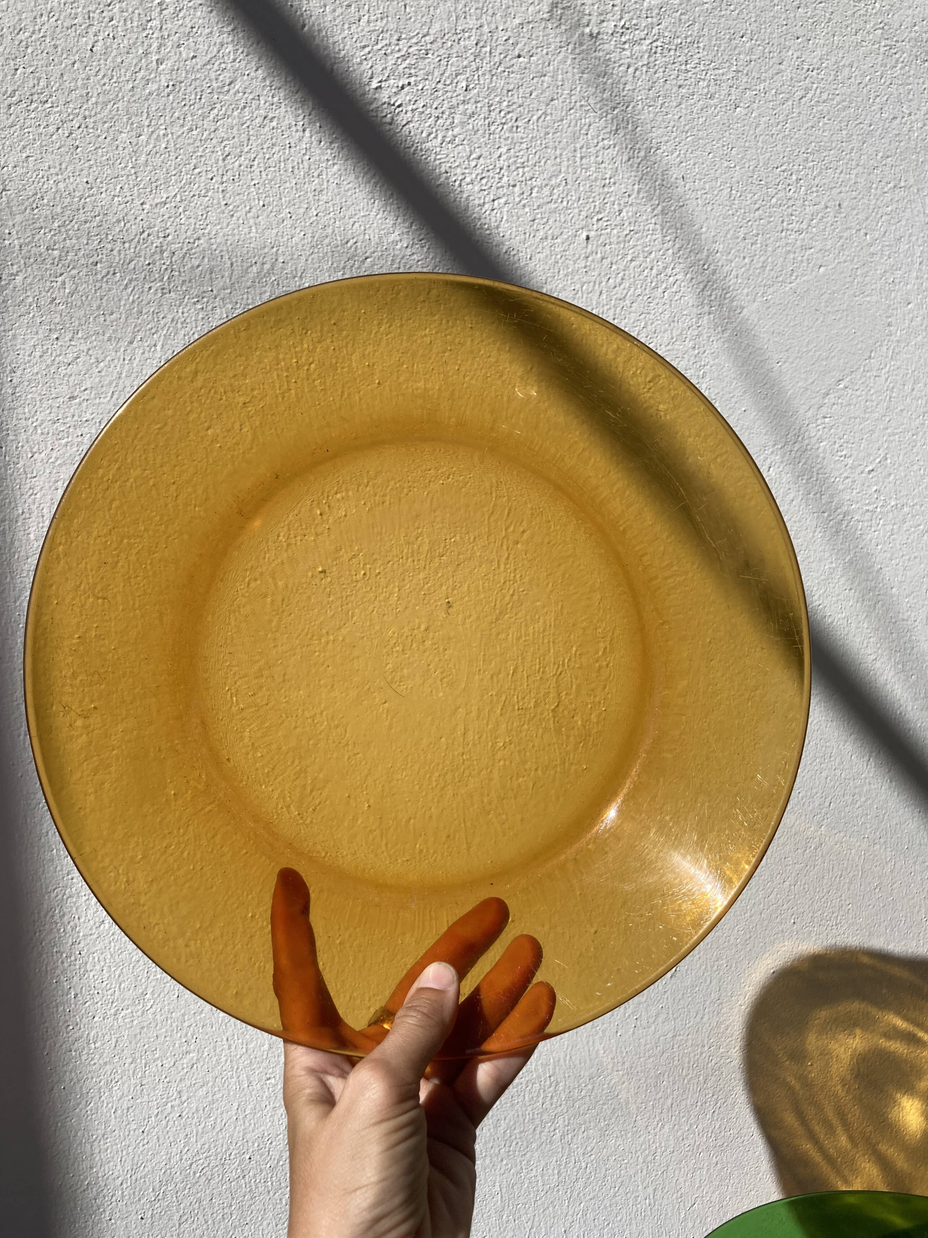 Set of 7 dishes in brown and green vintage glass