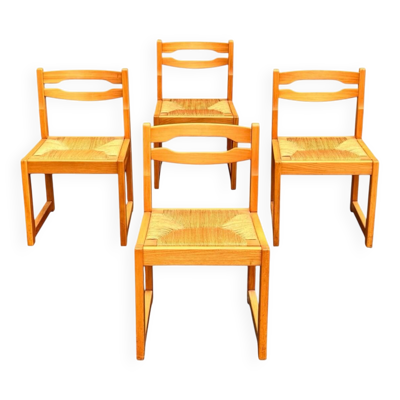 Suite de 4 chaises traîneau en orme et paille Maison Regain