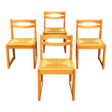 Suite de 4 chaises traîneau en orme et paille Maison Regain