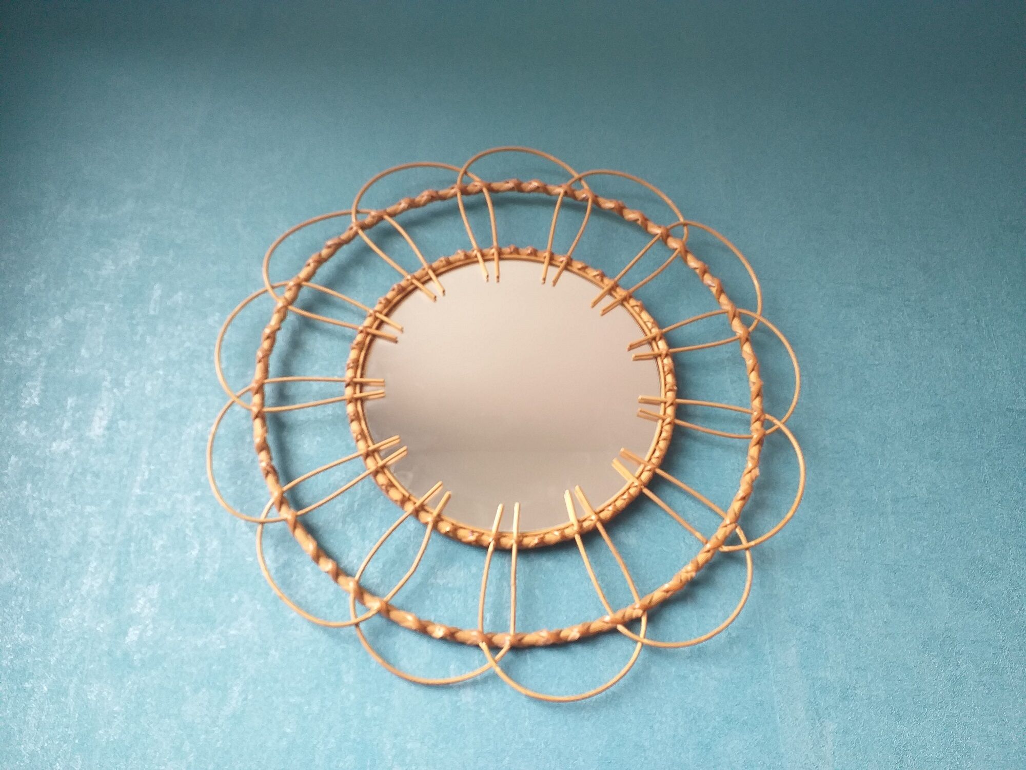 Vintage rattan sun mirror year 70 52x52cm