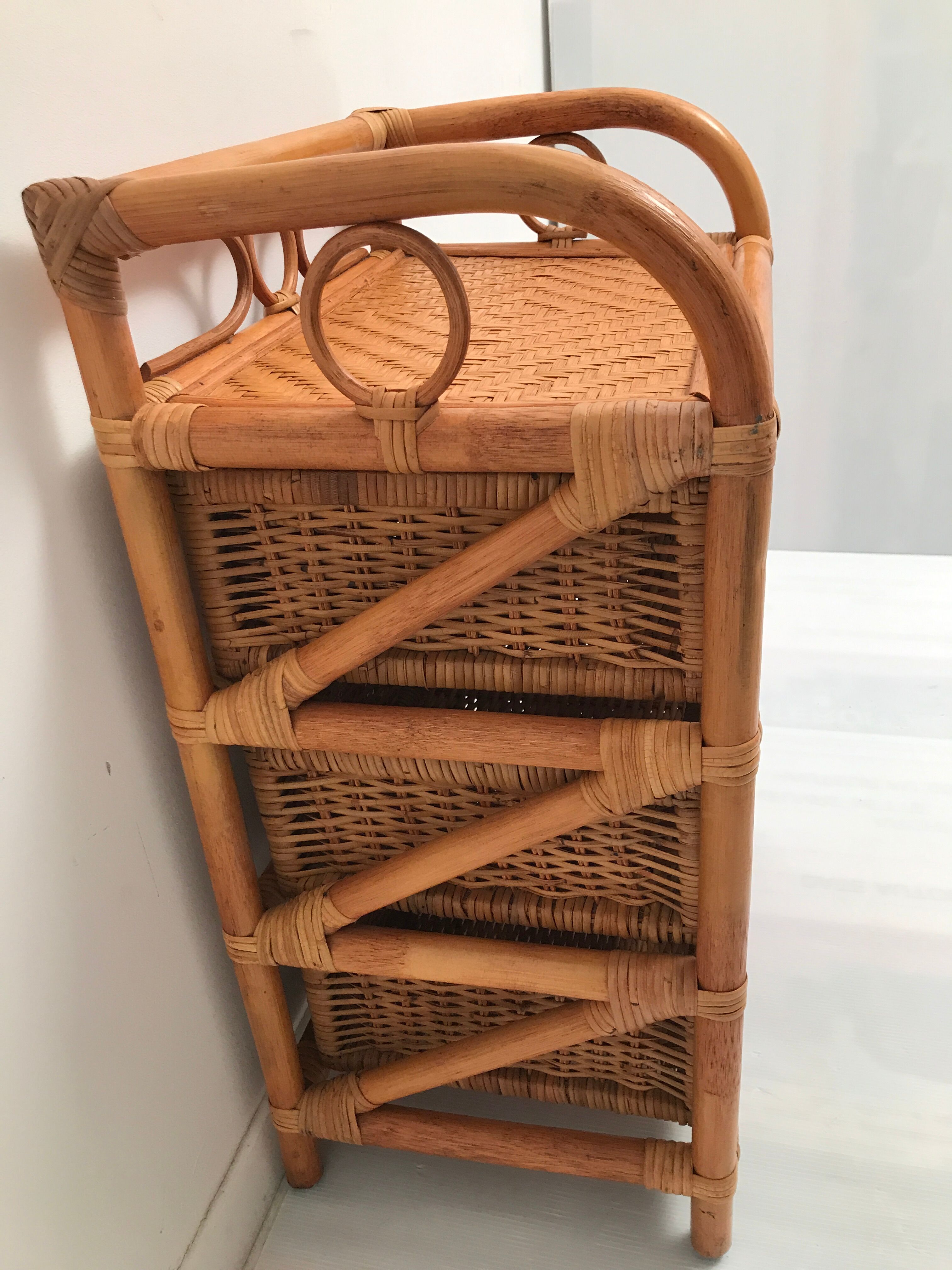 Rattan wicker storage cabinet with 3 vintage drawers