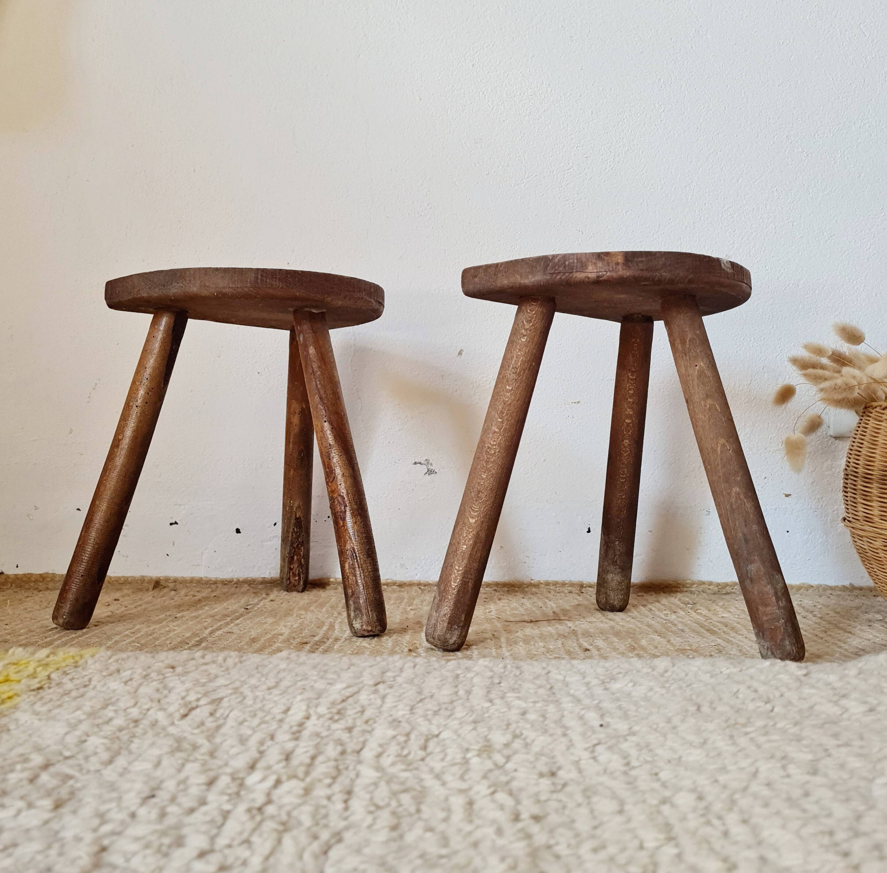 Pair of tripod wooden stools - brutalist look