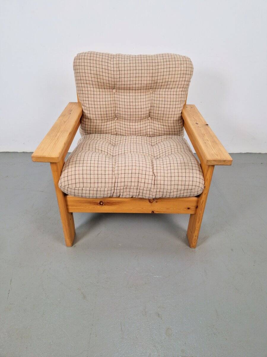 Vintage Brutalist Armchair in Pine and Fabric, 1970s