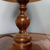 Table lamp with cream/pink toile de Jouy shade, turned wooden base 1960