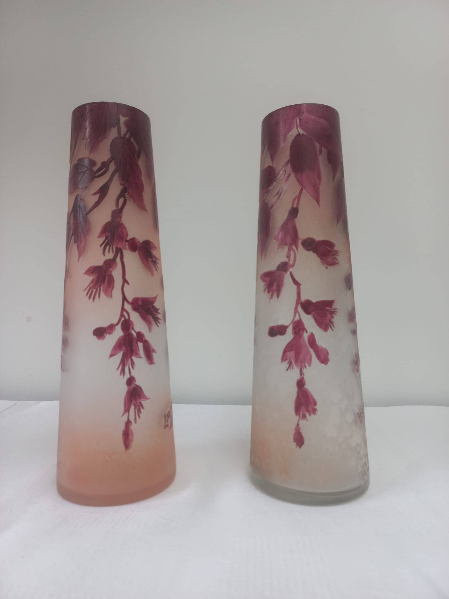 Pair of frosted ruby glass Legras vases