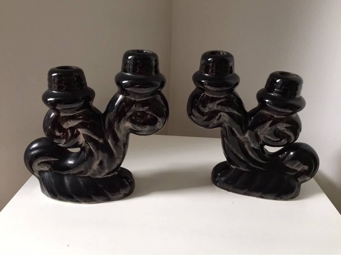 Set of black Vallauris candlesticks, 1950s vintage