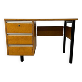 Vintage wooden desk with a black steel frame.