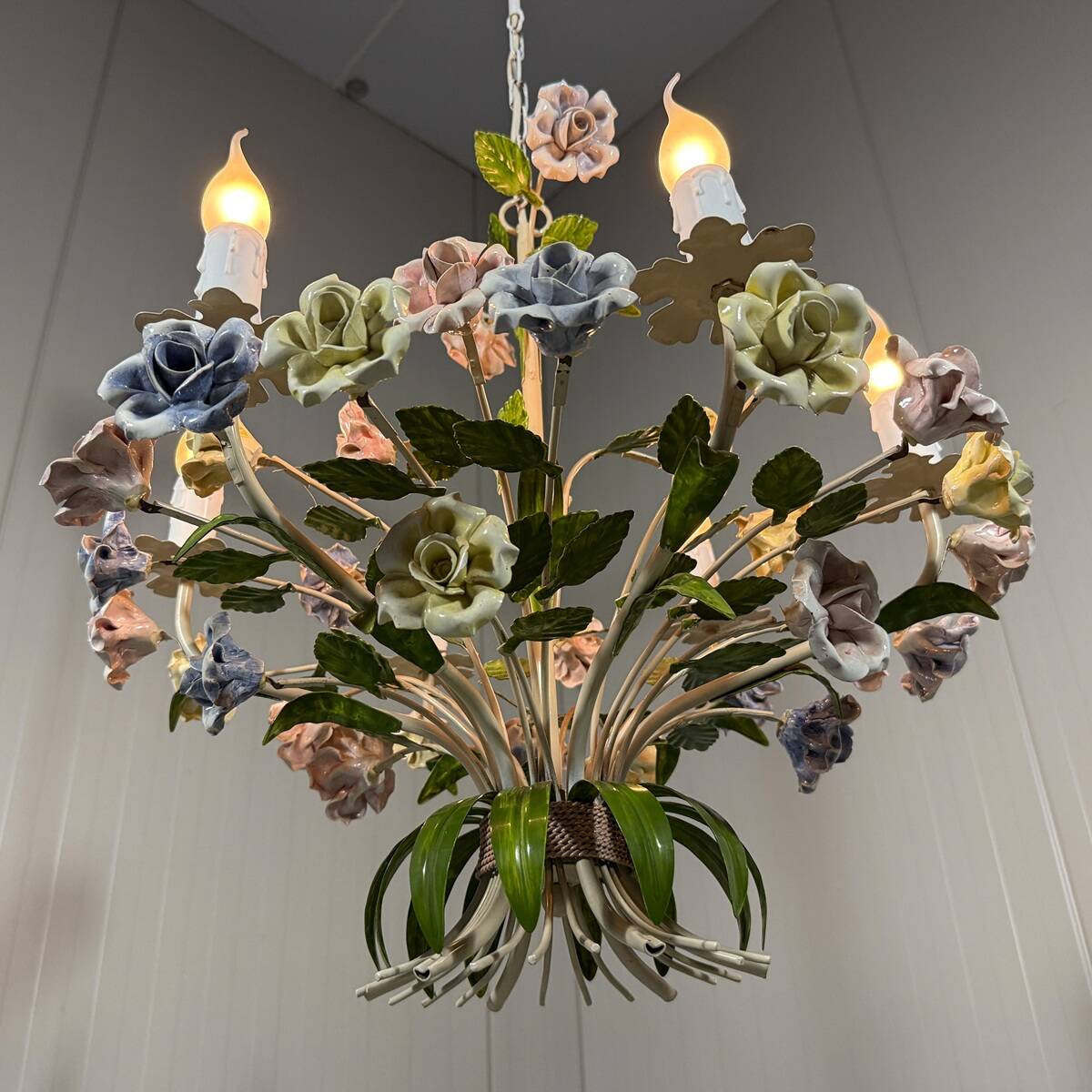 Italian tole chandelier porcelain flowers 1950’s