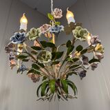 Italian tole chandelier porcelain flowers 1950’s