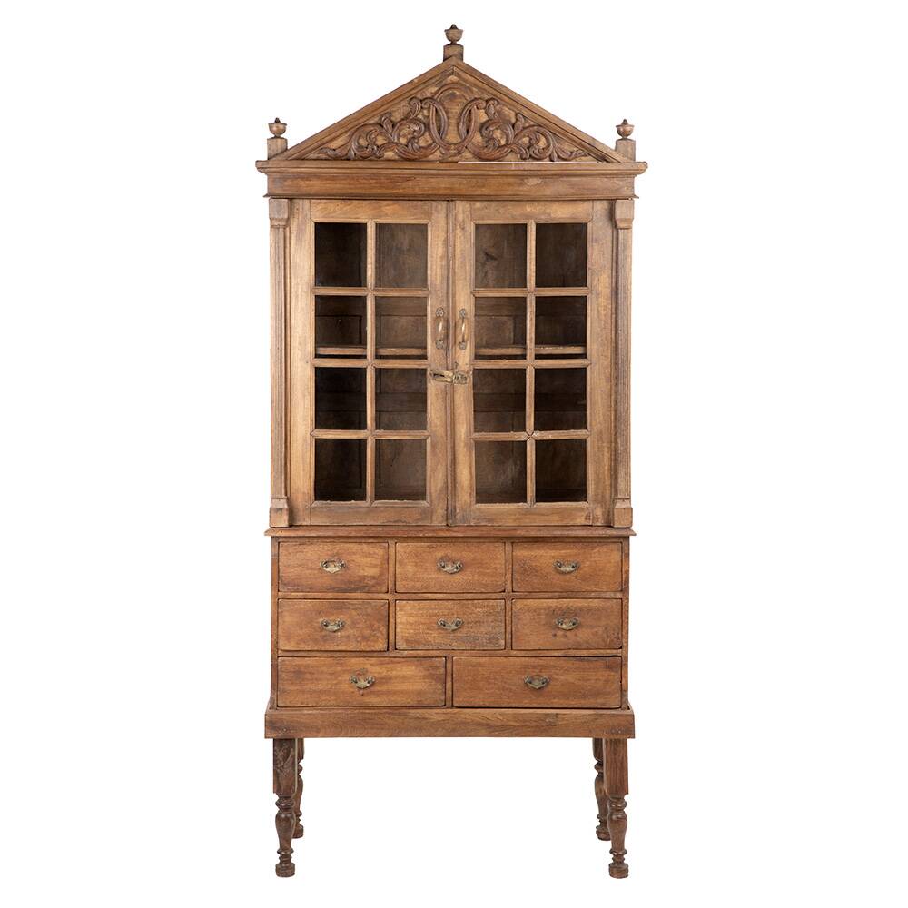 Large glass cabinet with 8 wooden drawers