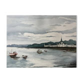 Tableau grande Aquarelle Marine (Saint Gilles ?) Bretagne signée Lafitte