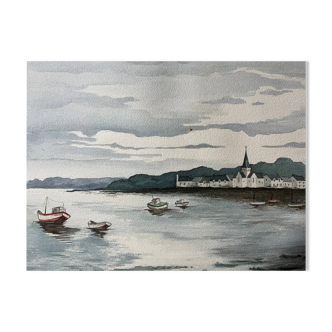 Large marine watercolour (Saint Gilles?) Brittany signed Lafitte