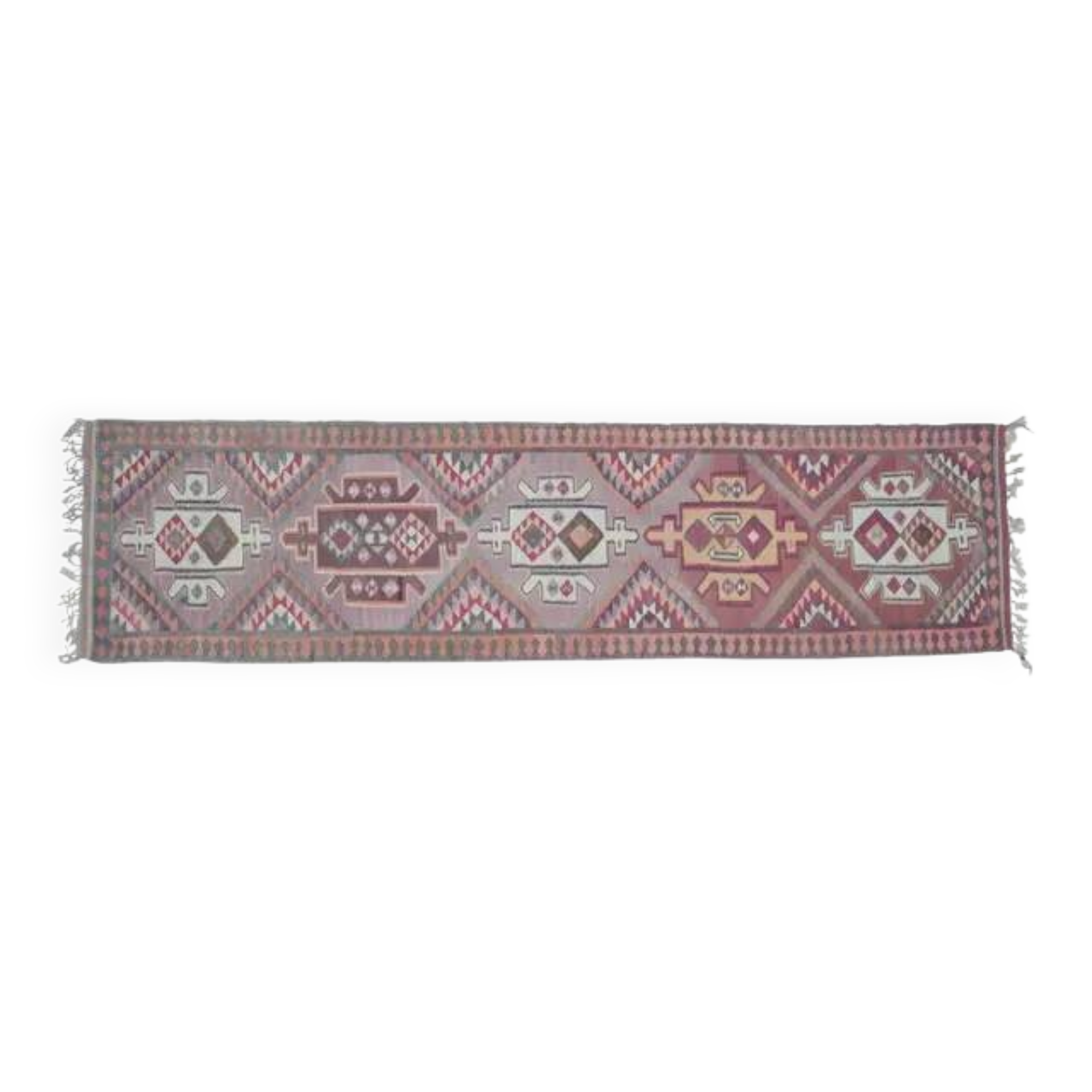 1970s Vintage Turkish Oushak Handmade Wool Cotton Purple Runner Rug 97x385