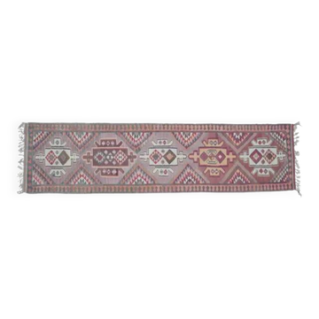 1970s Vintage Turkish Oushak Handmade Wool Cotton Purple Runner Rug 97x385