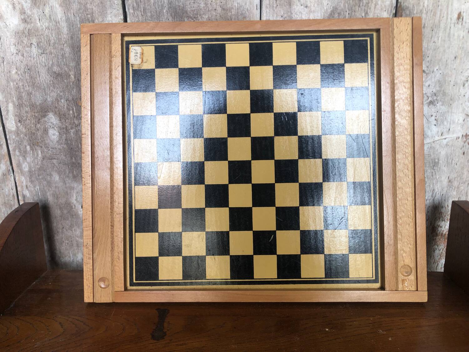 Old Vintage Wooden Double Game Board of Checkers & Small Horses #A782