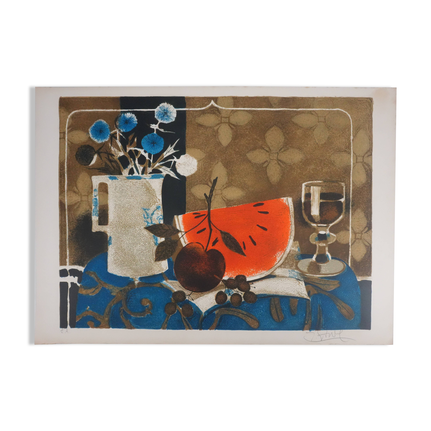 Yves Ganne: The White Pitcher and the Watermelon, original signed lithograph