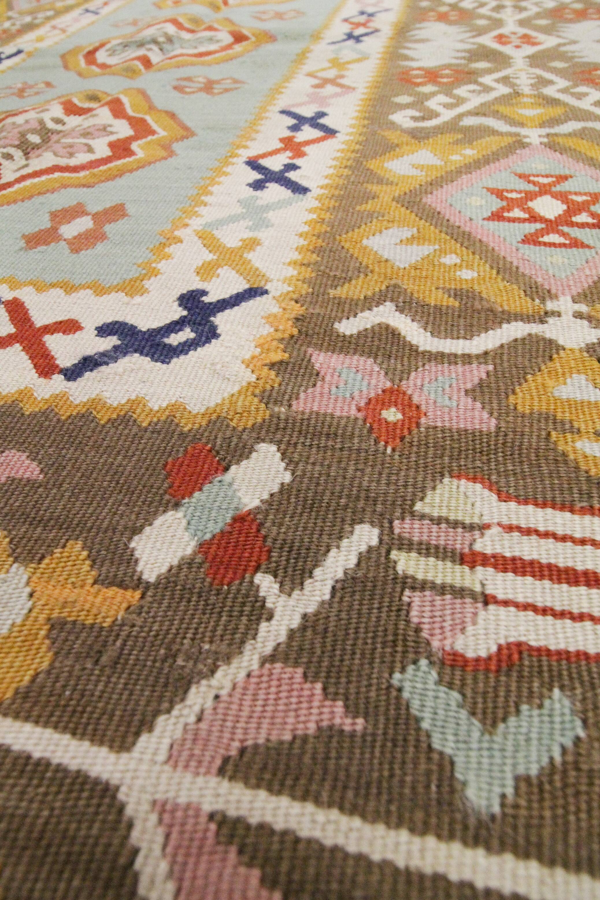 Antique Anatolian Kilim Rug, Turquoise Blue & Mustard Flatweave 141x93 cm