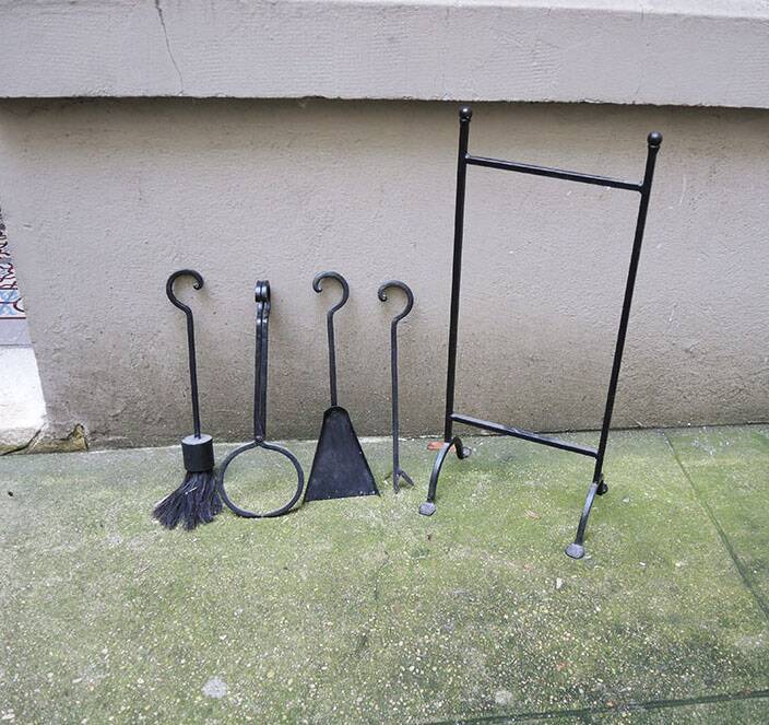 Old Black Wrought Iron Fireplace Servant - 4 Tools