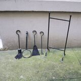 Old Black Wrought Iron Fireplace Servant - 4 Tools