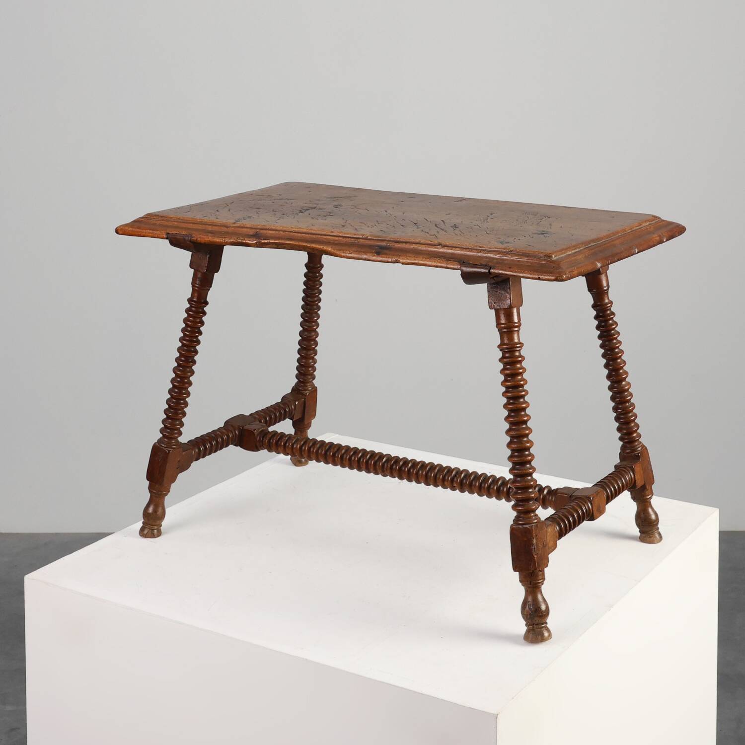 Antique Oak Side Table with Turned Legs and Stretcher Base, Spain, 17th Cen