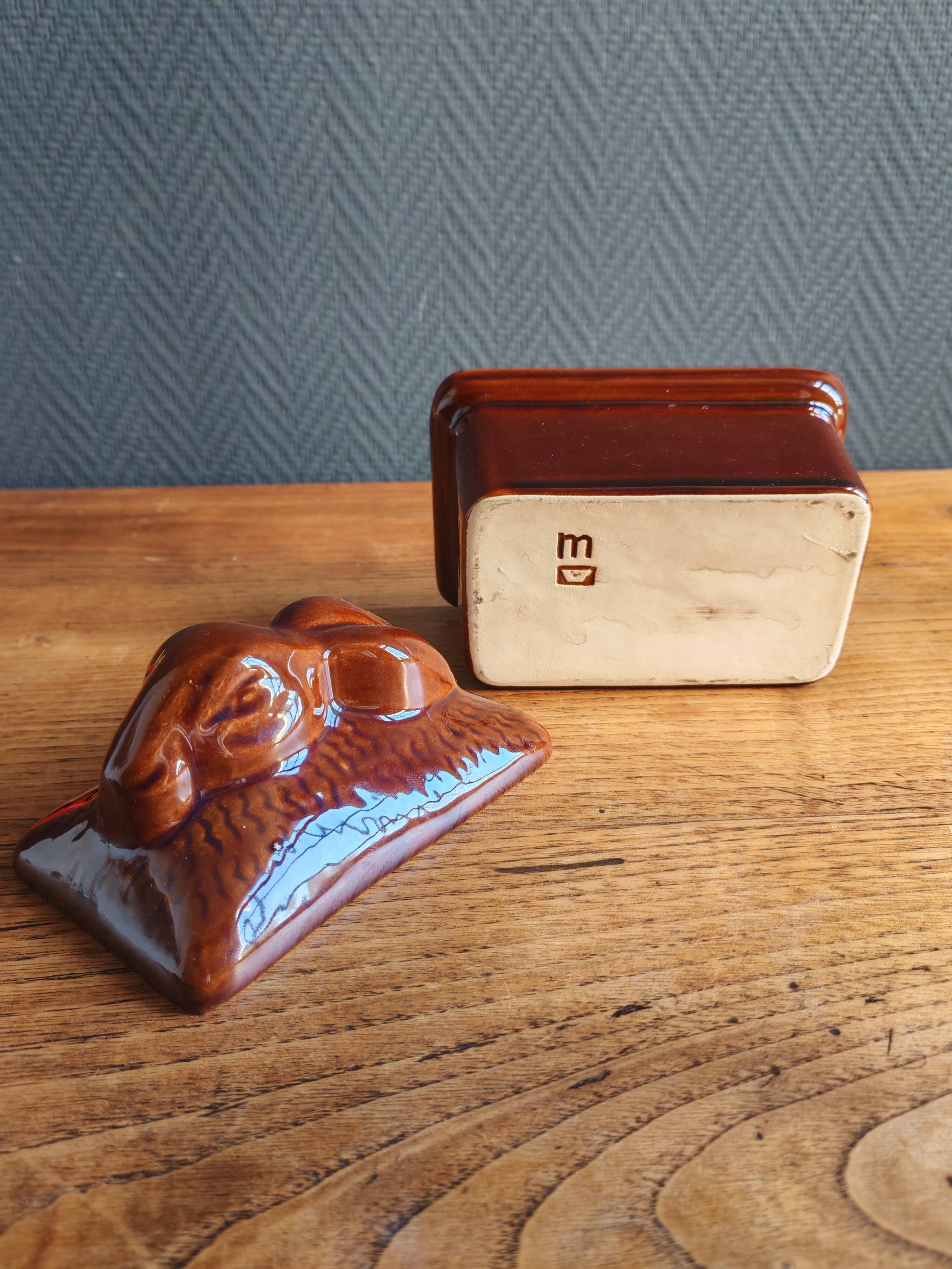 Vintage Rabbit Terrine in Glazed Ceramic - Brown Barbotine