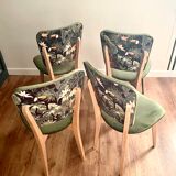 Chairs year 50/60, restored in green velvet and jungle parrot
