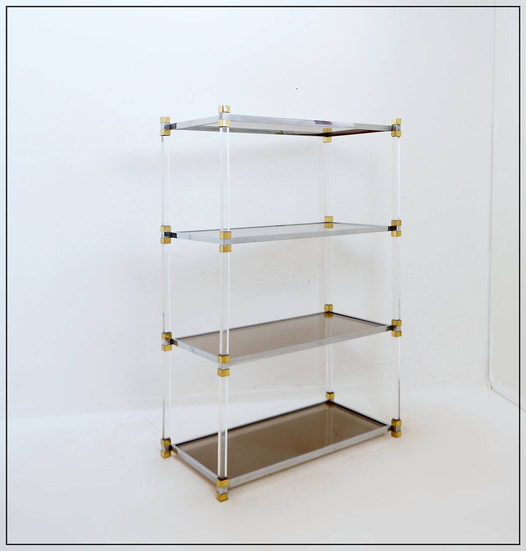 Claustra shelf in plexiglass, smoked glass and brass