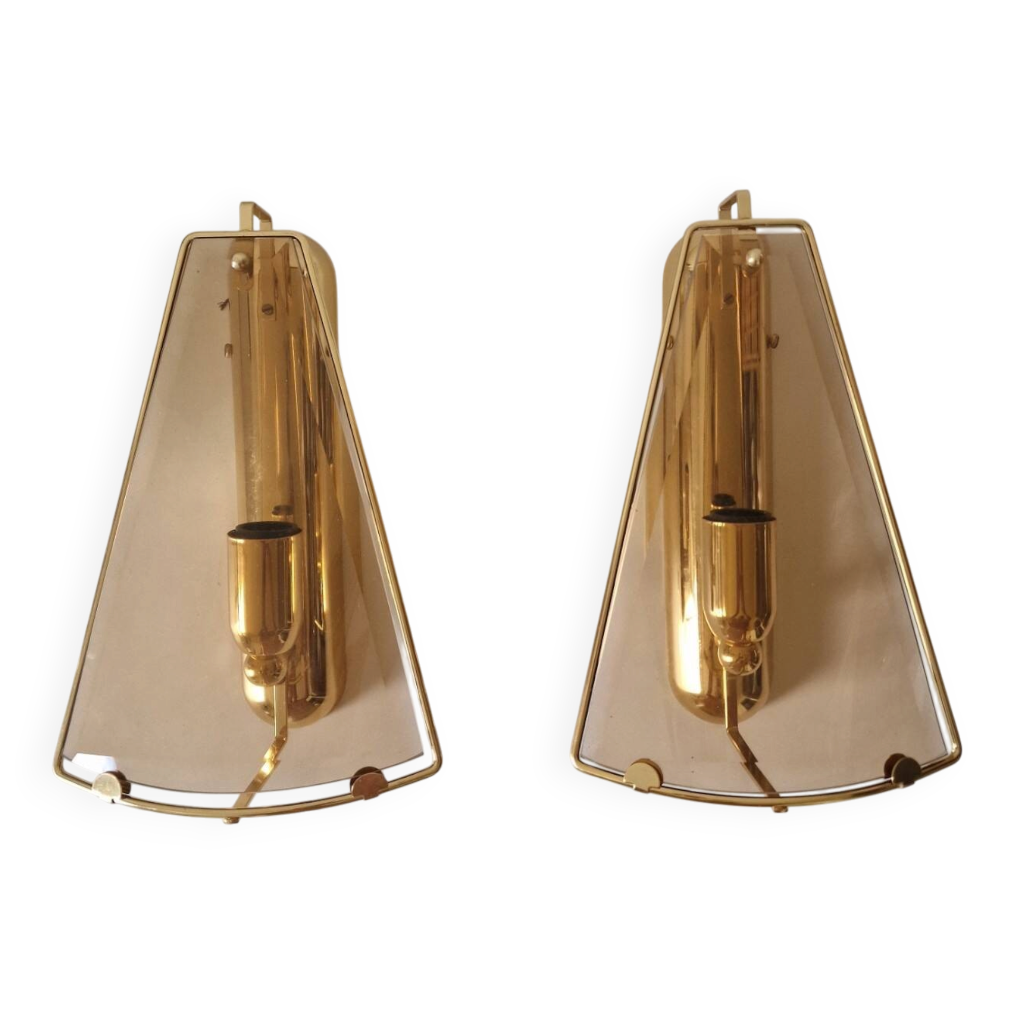 Pair of wall lights in brass and smoked glass by Lakro Amstelveen.