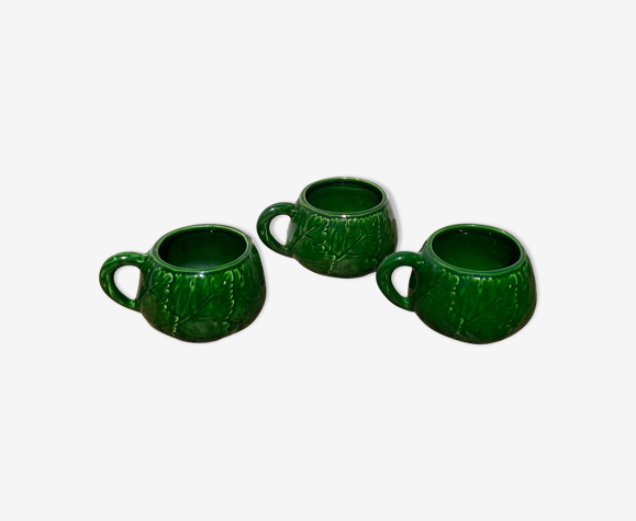 Trio mugs en barbotine feuilles en céramique vintage Italie