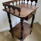 Nightstand, turned wooden bedside table opening with a drawer, vintage telephone table.