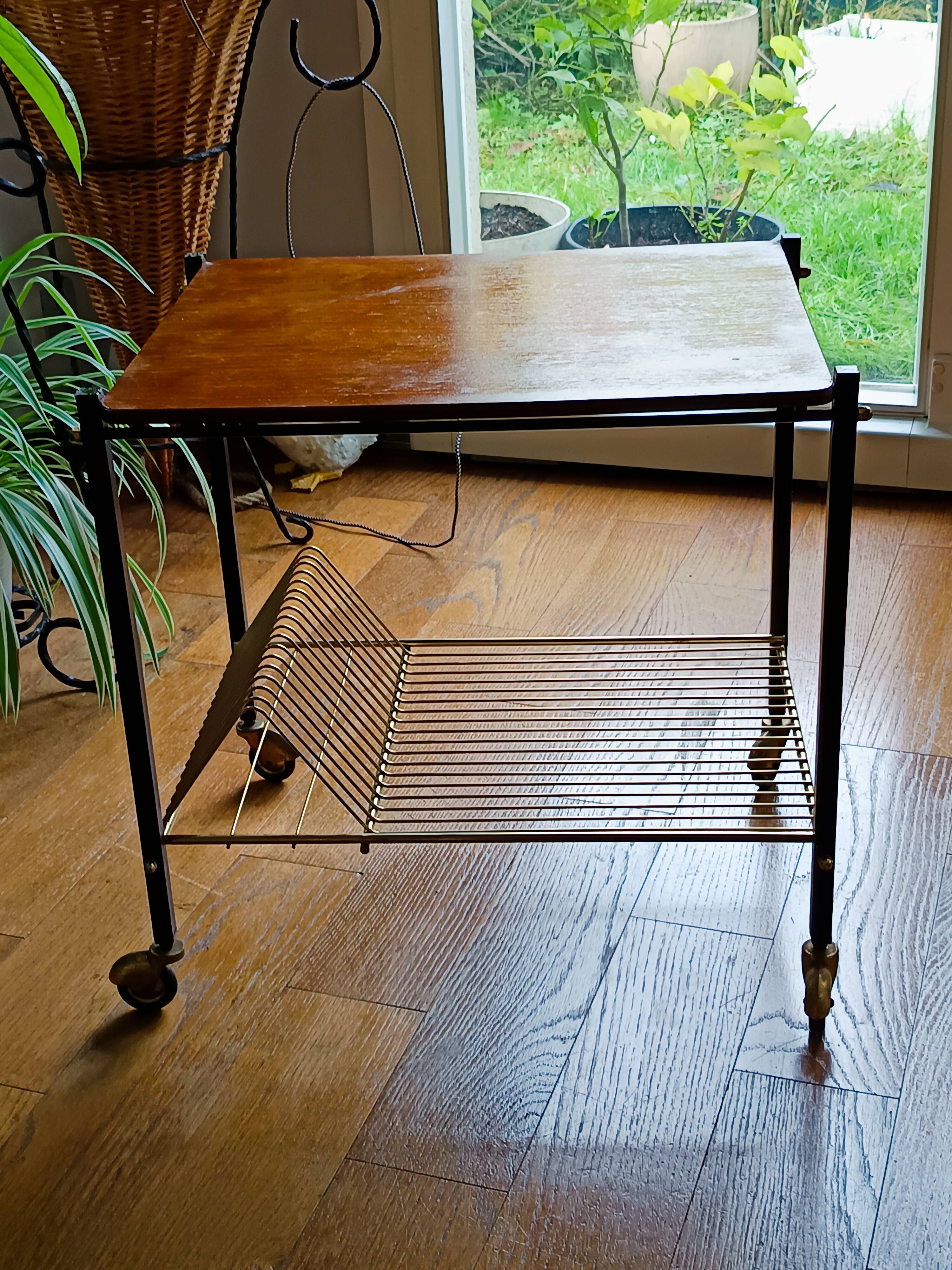 table roulante porte vinyles vintage des années 60 dessus bois