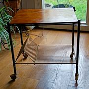 vintage 60s vinyl rolling table with wooden top